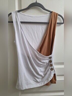 White & Tan V-neck Tank Top with Button Detail